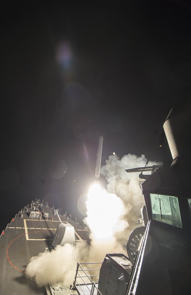 The guided-missile destroyer USS Ross fires a Tomahawk land attack missile April 7, 2017 in the Mediterranean Sea. The Arleigh Burke-class Ross was one of two destroyers that fired a total of 59 cruise missiles at a Syrian military airfield in retaliation for a chemical attack. Picture: USN