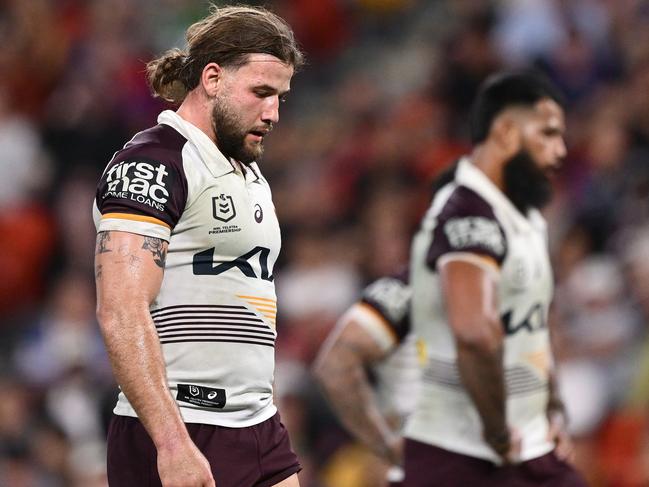 BRISBANE, AUSTRALIA - MAY 04: PatrickÃÂ Carrigan of the Broncos reacts during the round nine NRL match between the Penrith Panthers and Brisbane Broncos at Suncorp Stadium on May 04, 2025, in Brisbane, Australia. (Photo by Hannah Peters/Getty Images)