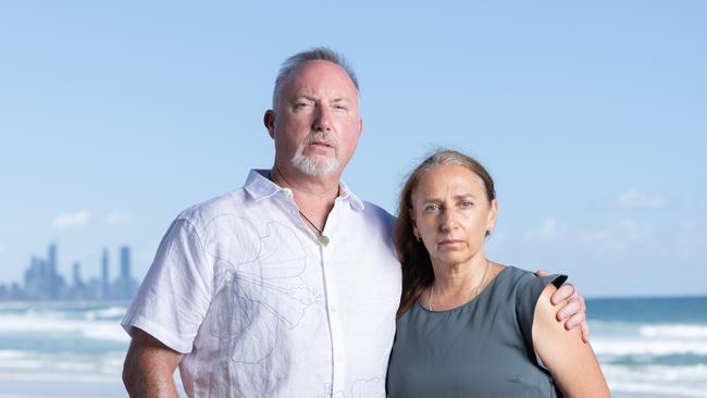 Chris and Sonia Duce, parents of late Gold Coast teen Cameron Duce, pictured at Burleigh Heads. Picture by Luke Marsden.