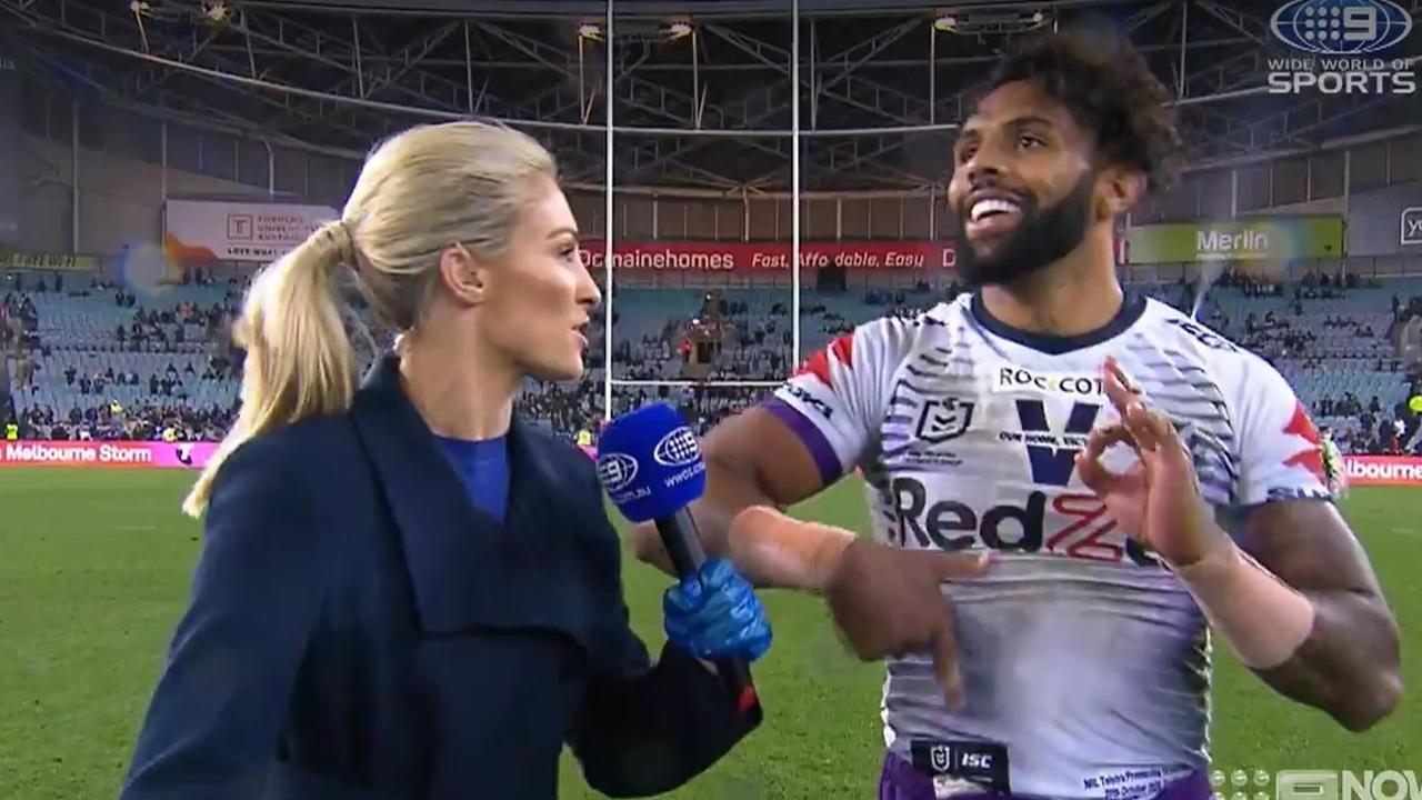 Josh Addo-Carr allegedly made a 67 gang sign during a post match interview after the 2020 NRL Grand final