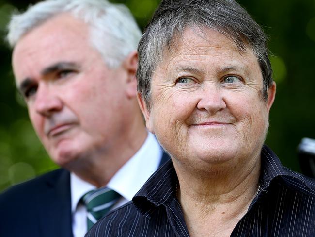 Independent Member for Denison, Andrew Wilkie, left, and business woman Jan Cameron at a press conference on the sale of VDL Co. at Parliament House lawns in Hobart. Picture: SAM ROSEWARNE