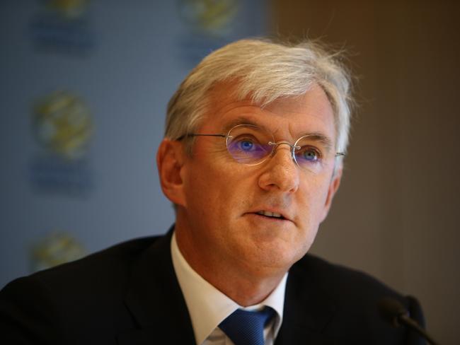 Pictured during a press conference in Sydney today is Stephen Lowy on his first day in the job as his father Frank's successor as FFA boss. Picture: Tim Hunter.