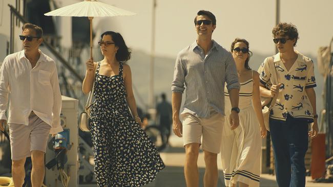 Season 3 of The White Lotus features (from left to right) Jason Isaacs, Parker Posey, Patrick Schwarzenegger, Sarah Catherine and Sam Nivola. Picture: Binge