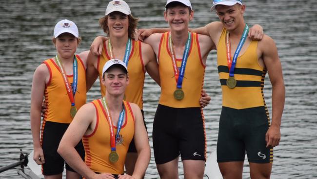 TUBC composite crew Australian Champions. Under 17 coxed quad scull. From left, coxswain Hamish Paynter, stroke Angus Paynter, Hayden Mounter, Sam Mounter, front, and Buckingham’s Jarrod Connolly. Pic: ROXANNE CASEY