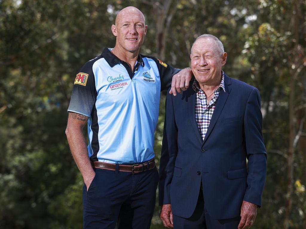 New Sharks coach, Craig Fitzgibbon with his father, Allan who coached the Sharks from 1988-91. Picture: Justin Lloyd.