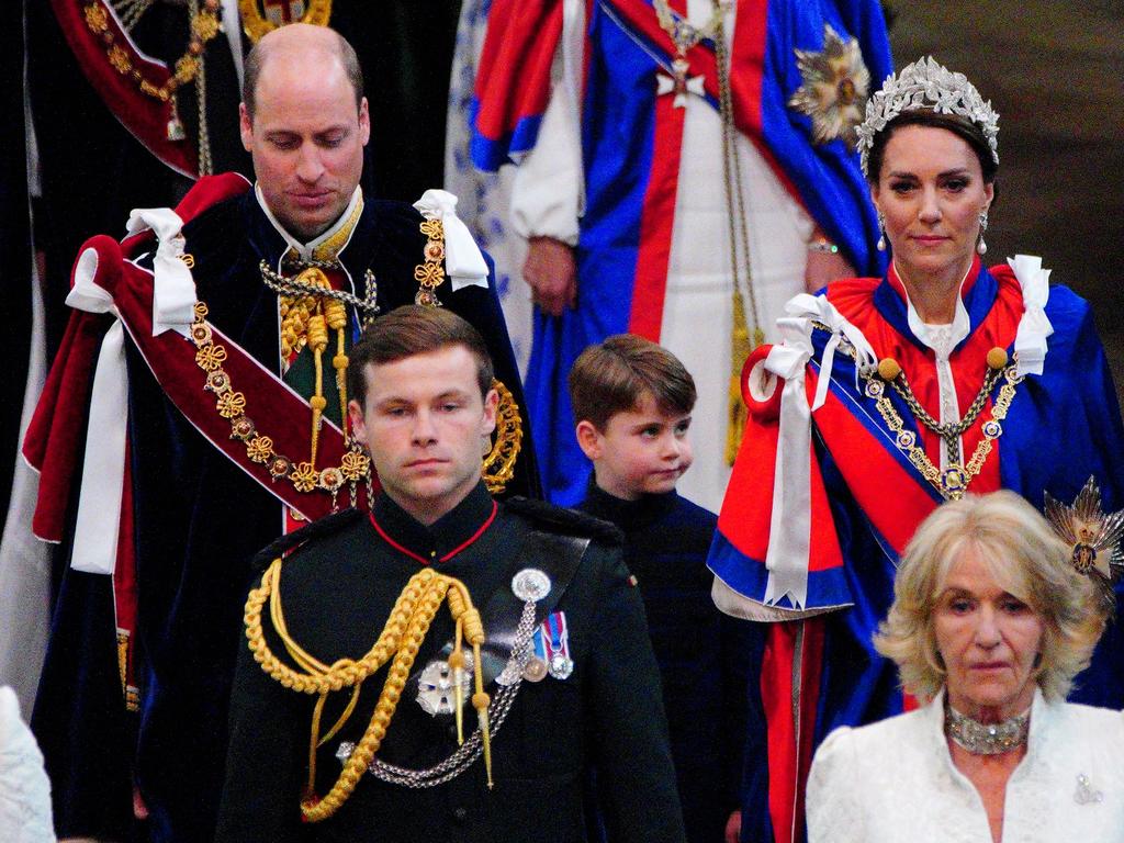 Prince William, Prince Louis and Princes Catherine leave Westminster Abbey following the coronation ceremony of King Charles III and Queen Camilla. Picture: AFP