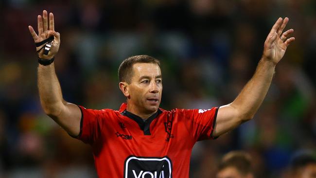 Referee Ben Cummins signals during the round six NRL match between the Canberra Raiders and the Parramatta Eels at GIO Stadium on April 17, 2021, in Canberra, Australia. (Photo by Matt Blyth/Getty Images)