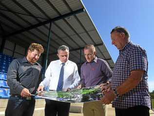 MP Kevin Hogan with Lismore mayor Isaac Smith and Lismore City Council sport and recreation development officer James Voght and Lismore City Council tourism and events manager Mitch Lowe at Crozier Oval in Lismore for the announcement of  a new upgrade for both Ovals. Picture: Marc Stapelberg