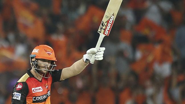 Sunrisers Hyderabad's David Warner lift the bat after scoring fifty runs