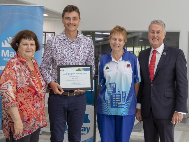 Jan Sturgeon, Shirley Sturgeon and Mackay Regional Council Mayor Greg Williamson with 2021 Jack Sturgeon Bursary recipient Ben Scott (second from left). Picture: Mackay Regional Council