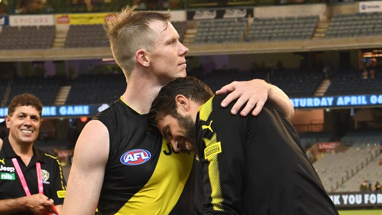 Jack Riewoldt (left) and Alex Rance. (AAP Image/Julian Smith) 