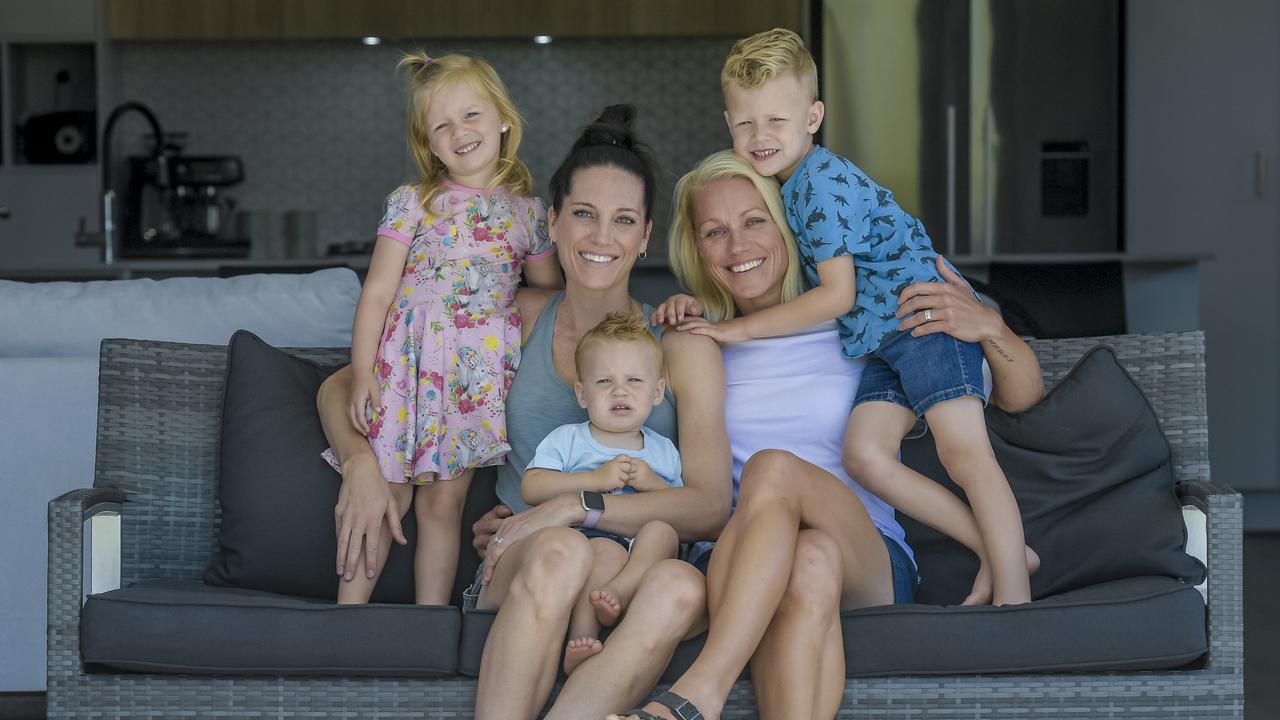 Erin Phillips with wife Tracy Phillips (L) and kids, Brooklyn, Drew and Blake in 2021. Phillips was keen for her family to join her at Woodville. Picture: Roy VanDerVegt