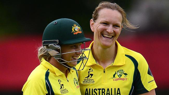 Sarah Aley celebrates claiming the wicket of Pakistan batsman Asmavia Iqbal Khokhar in Leicester.