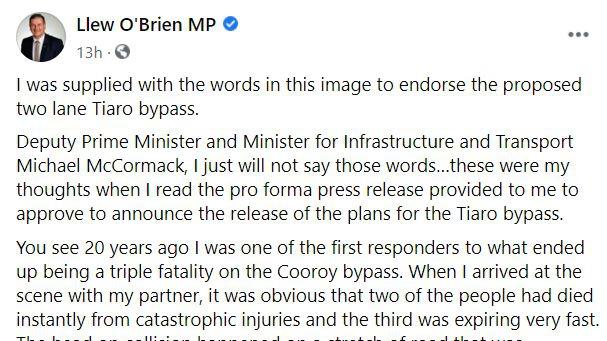 Part of Mr O'Brien's statement slamming the Tiaro bypass proposal.
