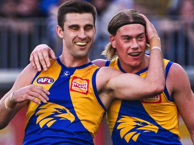 PERTH, AUSTRALIA - JUNE 01: Elliot Yeo of the Eagles and Harley Reid celebrate a denied goal during the 2024 AFL Round 12 match between the West Coast Eagles and the St Kilda Saints at Optus Stadium on June 01, 2024 in Perth, Australia. (Photo by Daniel Carson/AFL Photos via Getty Images)