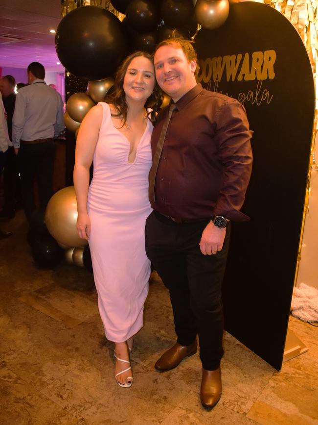 Lily Hawkins and Trent Heesom having a great night at the Cowwarr Saints Football &amp; Netball Club Golden Gala Ball 2024. Picture: Jack Colantuono