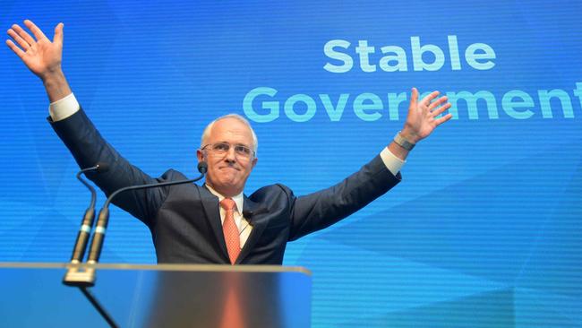 Malcolm Turnbull can thank these two words if he gets re-elected today. Picture: Lukas Coch / AFP Photo