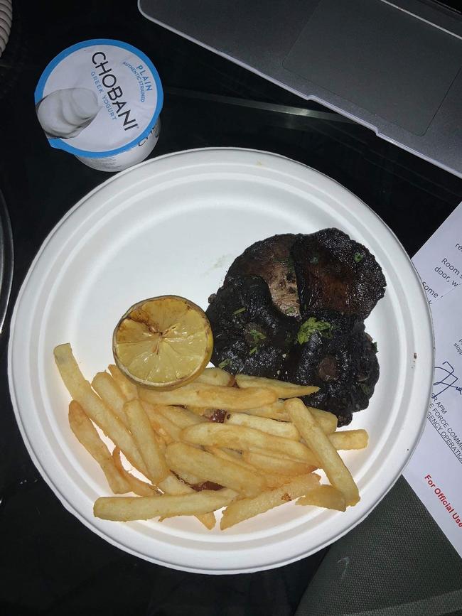 Wet fries, burnt mushrooms and a single lemon at the 5-star Hilton Hotel in Sydney.