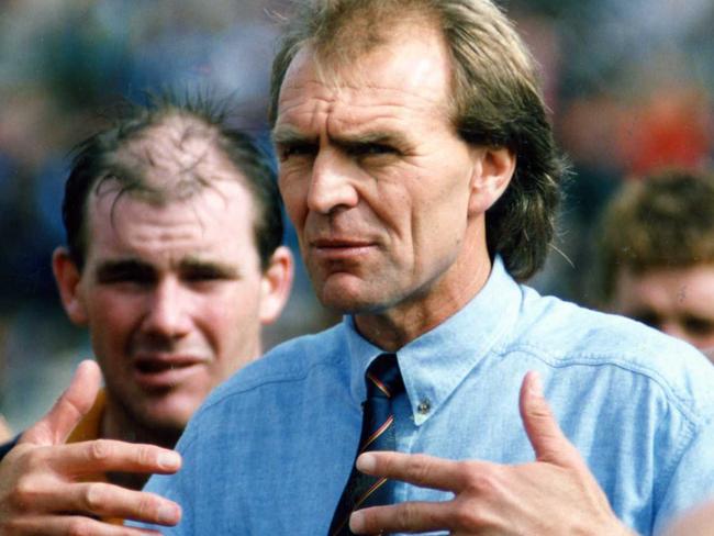 Andrew Jarman (left) listens to coach Graham Cornes during an Adelaide Crows AFL match in 1992. Picture: MARTIN JACKA