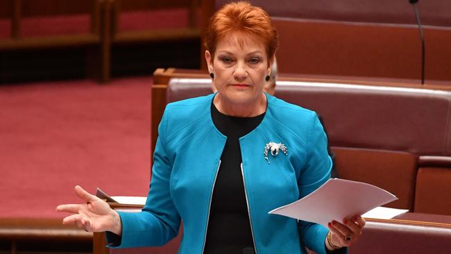 One Nation leader Senator Pauline Hanson makes an anti-Muslim speech in the Senate today. Picture: AAP