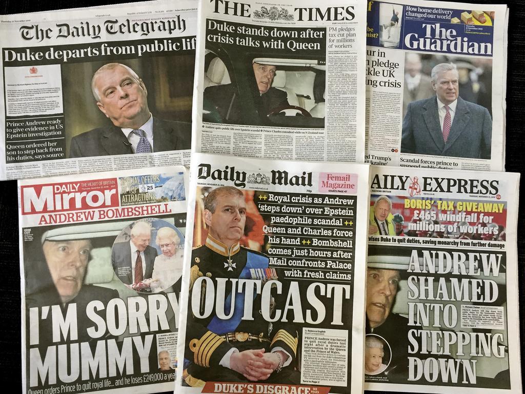 A combination photo of the front-pages of British newspapers, who have been scathing of Andrew. Picture: AP Photo