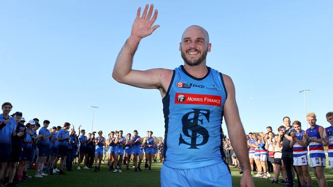 Sturt premiership captain Zane Kirkwood walks from the ground after his final SANFL game last year. Picture: Kelly Barnes