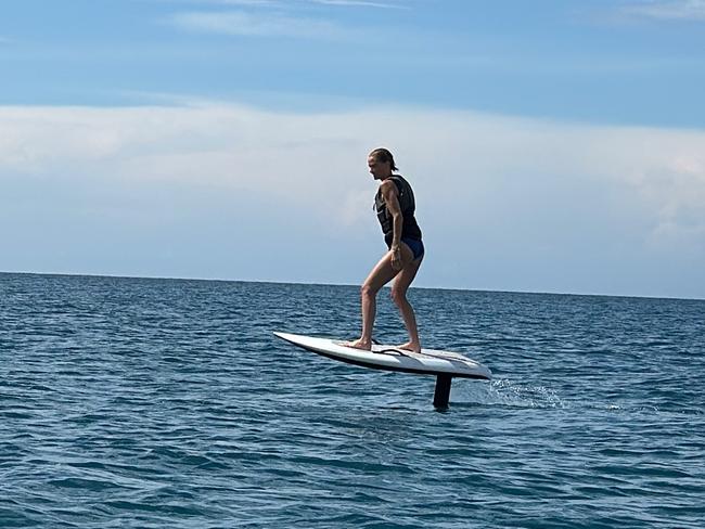 She also tried her hand at foil surfing. Picture: Instagram/LaraWorthington