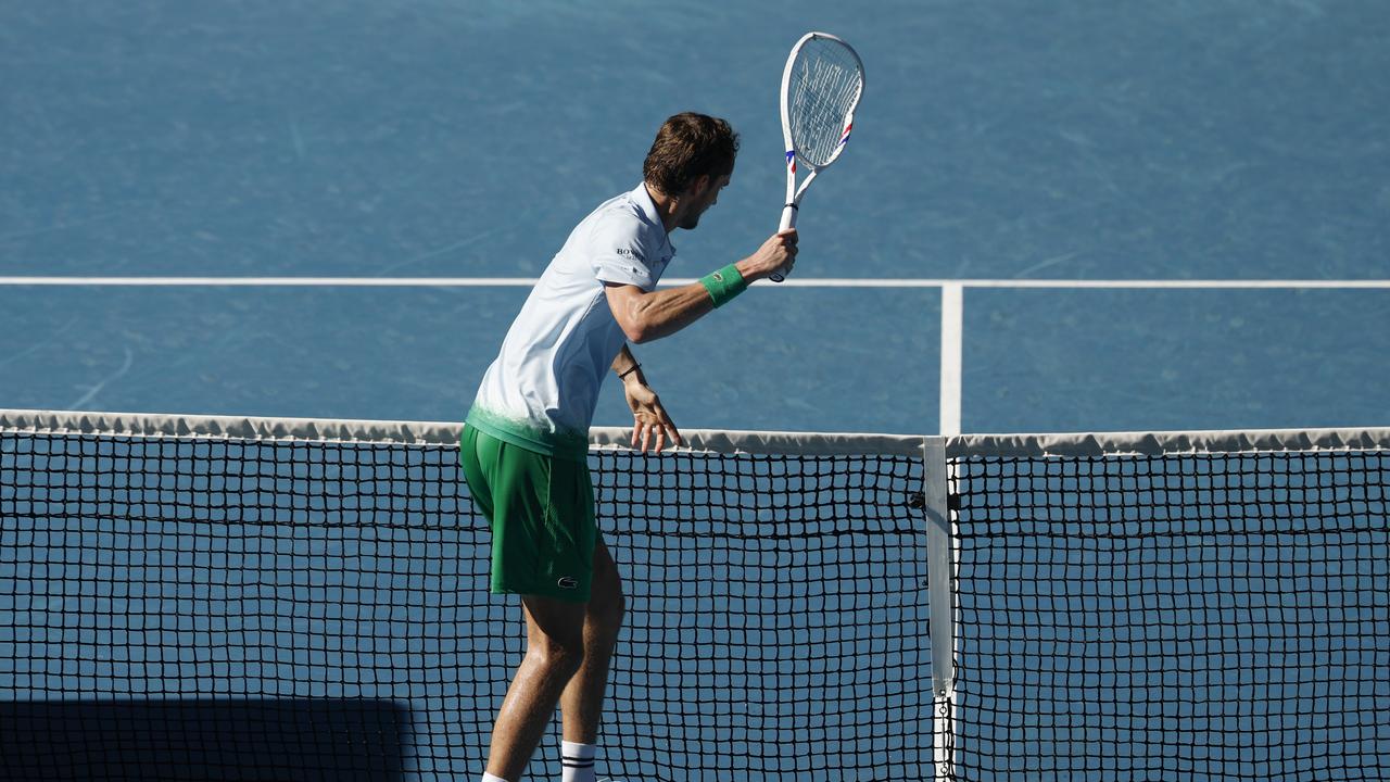 Daniil Medvedev smashed a TV net camera with his racquet. Picture: Daniel Pockett/Getty Images