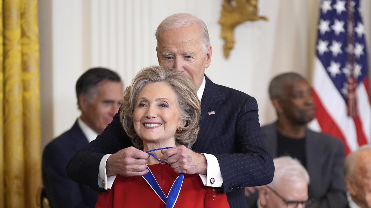 President Joe Biden presents the Presidential Medal of Freedom to former Secretary of State Hillary Clinton, in the East Room of the White House on Saturday. Picture: Manuel Balce Ceneta/AP