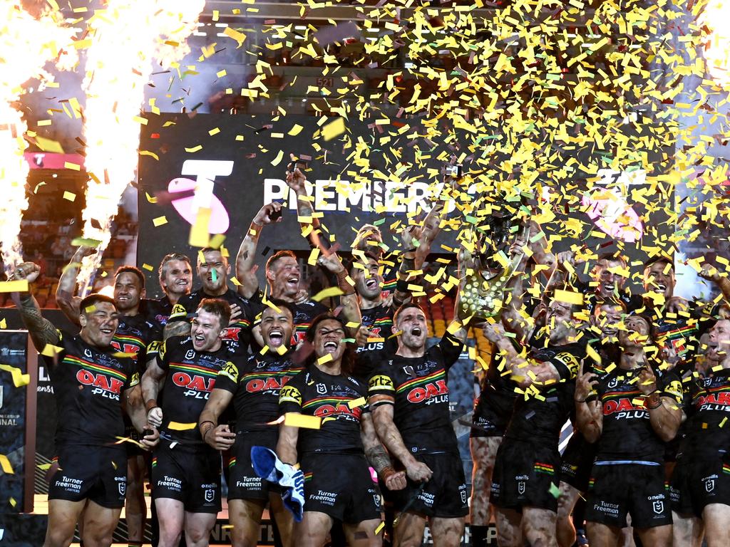 The Panthers celebrate victory on Sunday. Picture: Bradley Kanaris/Getty Images