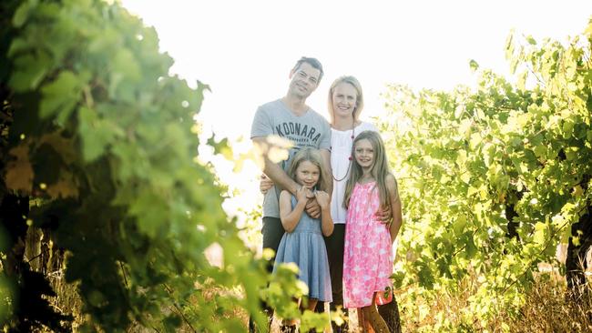 Koonara’s Dru and Nicole Reschke with their daughters at Coonawarra, South Australia.