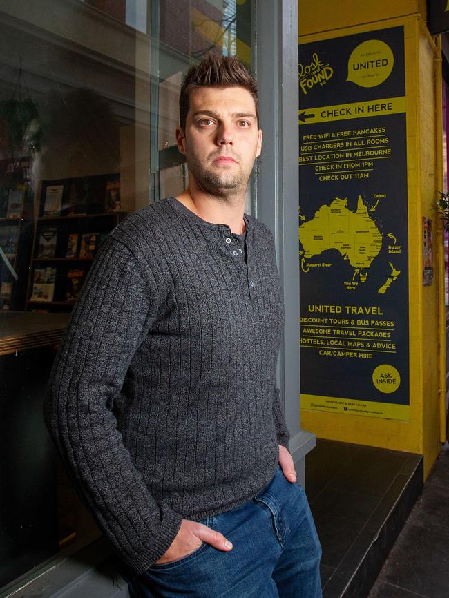 Alex Hill, Manager of Backpackers United Melbourne. Picture: Mark Stewart