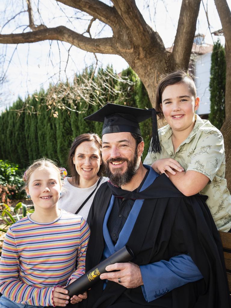 Bachelor of Engineering Science graduate Tim Parfitt with daughter Abby, wife Lisa and son Conor Parfitt at a UniSQ graduation ceremony at Empire Theatres, Wednesday, June 28, 2023. Picture: Kevin Farmer