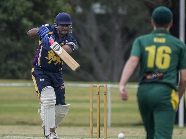 Narre South’s Kaushalya Weeraratne hits to cover against St Mary’s. He had to retire hurt on 26. Picture: Valeriu Campan