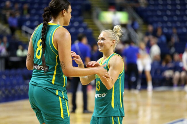 Elizabeth Cambage #8 of Australia and Erin Phillips #13 of Australia warm up before the game against France on July 29, 2016 at the Webster Bank Arena in Bridgeport, Connecticut.Picture: Chris Marion/NBAE via Getty Images