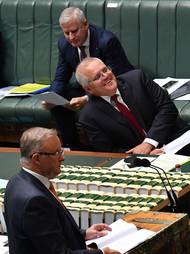 Scott Morrison reacts to Anthony Albanese during Question Time on Thursday. Picture: Sam Mooy/Getty Images