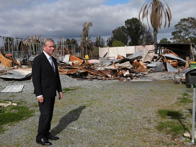 Premier Colin Barnett visits Yarloop, destroyed by January's devastating bushfire.