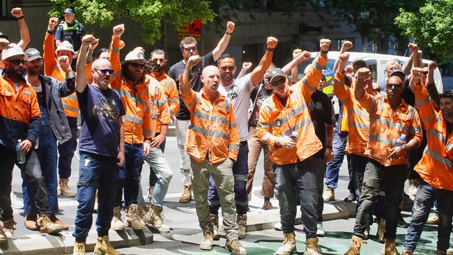 CFMEU members on strike... The union is changing its face to that of a developer, sinking millions into real estate projects. Picture: NewsWire / Luis Enrique Ascui