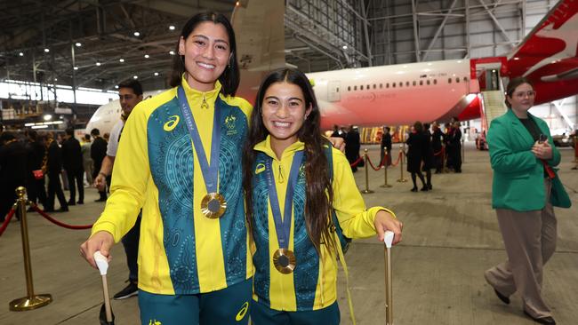 Gold medallists Saya Sakakibara and Arisa Trew arrive home from Paris. Picture: Rohan Kelly