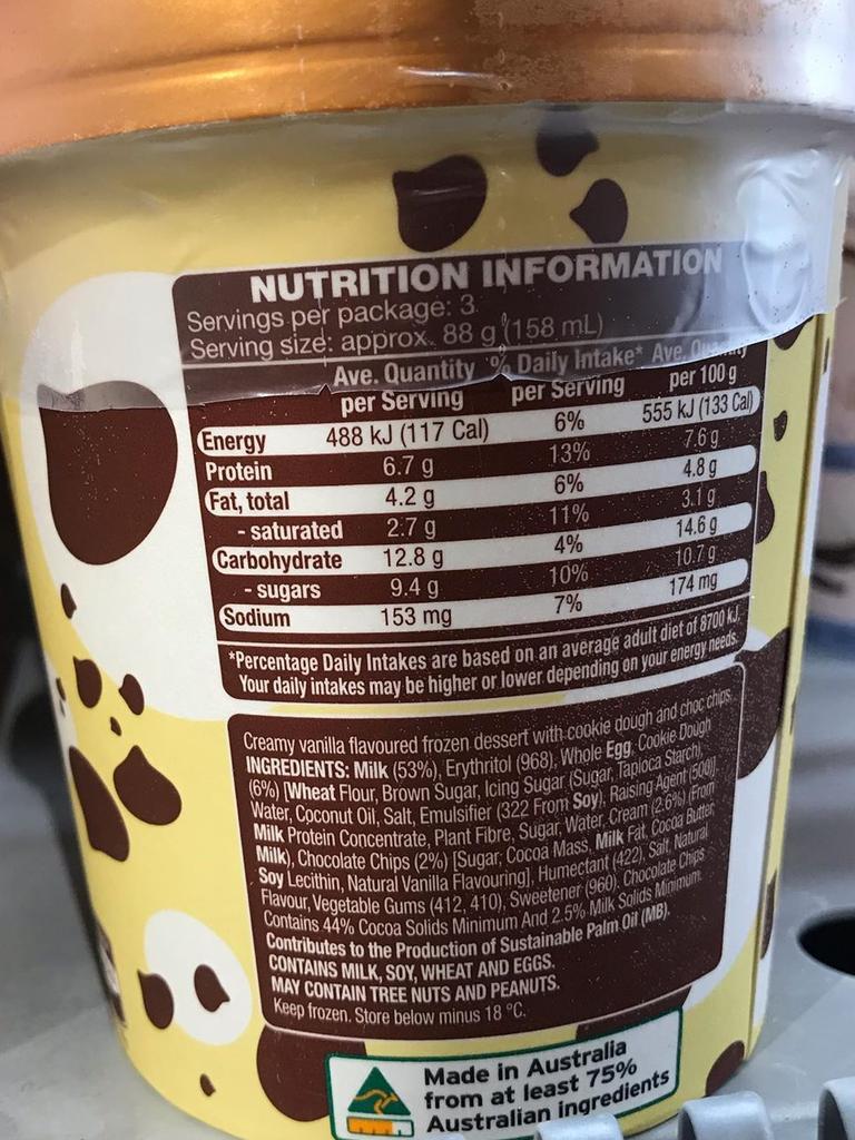 Product information reveals a single serves contains a mere 117 calories or 488 kilojoules. Picture: Instagram/Aldi Lovers Australia