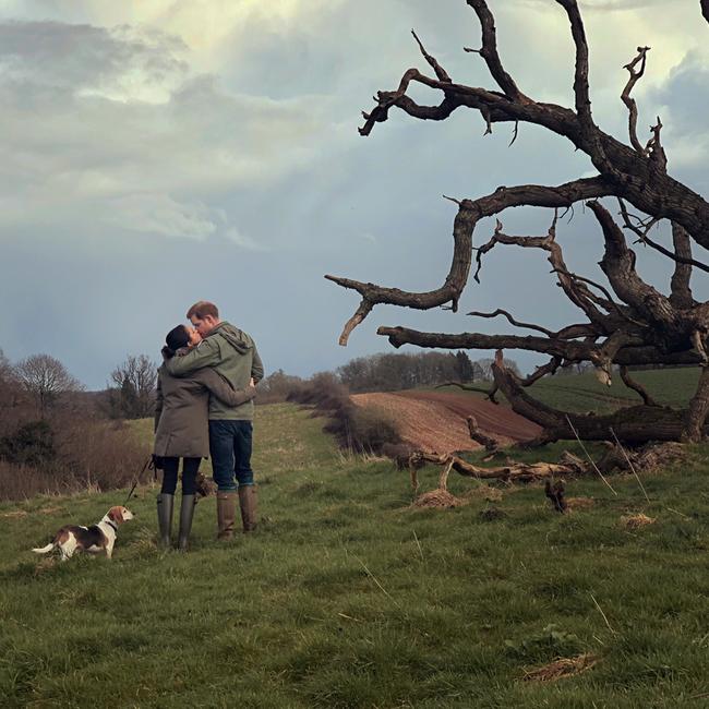 Harry and Meghan walk one of their beagles. Picture: Netflix