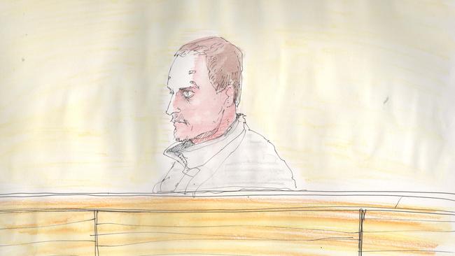 A sketch of Kain Bowman in court. Picture: Tim Ide