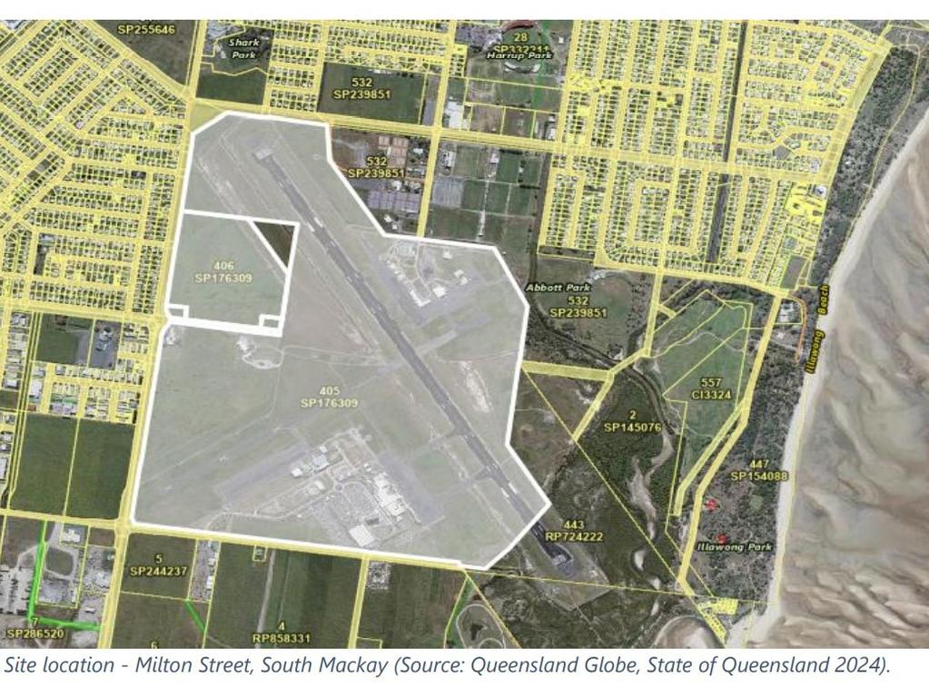 The location of Mackay Airport's Milton Street Precinct. Picture: Documents submitted to Mackay Regional Council in March, 2024.