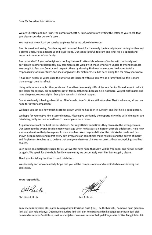 The letter written by Christine and Lee Rush, the parents of Scott Rush.