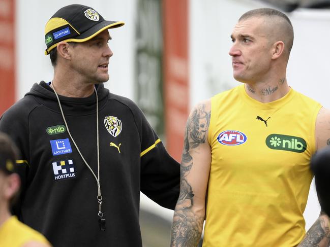 MELBOURNE, AUSTRALIA - JUNE 13: Dustin Martin of the Tigers chats to David Teague, Forwards Coach of the Tigers during a Richmond Tigers AFL training session at Punt Road Oval on June 13, 2024 in Melbourne, Australia. (Photo by Martin Keep/Getty Images)