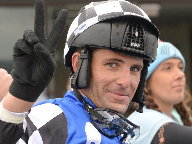 Steven Pateman after winning the Ecycle Solutions MJ Bourke Hurdle at Sportsbet Pakenham on April 18, 2022 in Pakenham, Australia. (Ross Holburt/Racing Photos via Getty Images)