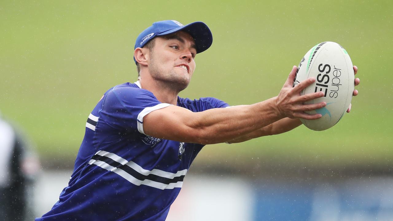 Kyle Flanagan handles the ball during a Bulldogs training session. Picture: Getty Images