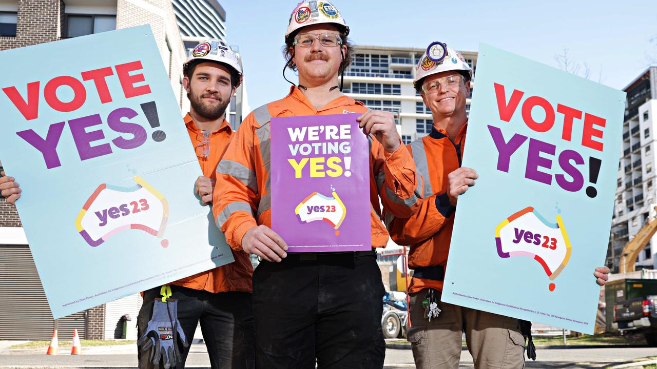 Electricians Harrison Lowe (L to R), Zac Hicks and Andrew Whyte are all campaigning for Yes. Picture: Adam Yip