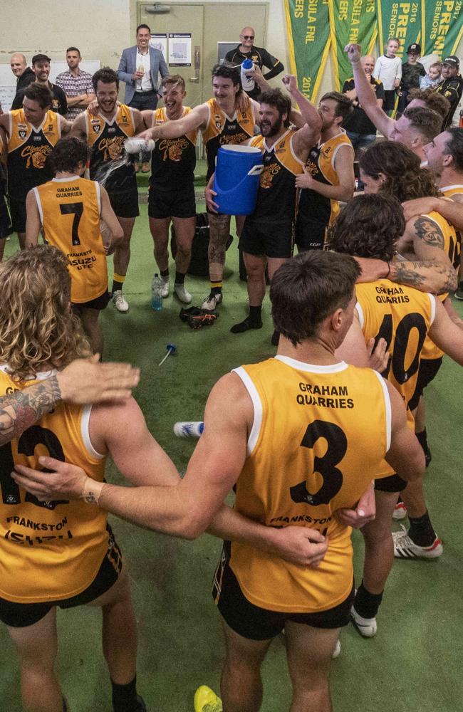 Frankston YCW players celebrate their win over Rosebud this season. Picture: Valeriu Campan