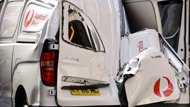 SYDNEY, AUSTRALIA - NewsWire Photos AUGUST 8, 2024: The scene of an incident where part of a crane platform has fallen on an Australia post van on Pitts Street in the Sydney CBD. Picture: NewsWire / Damian Shaw